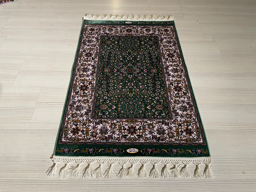 2x3 ft Green Turkish Floral Modal Silk Rug, Entryway Accent Area Rug