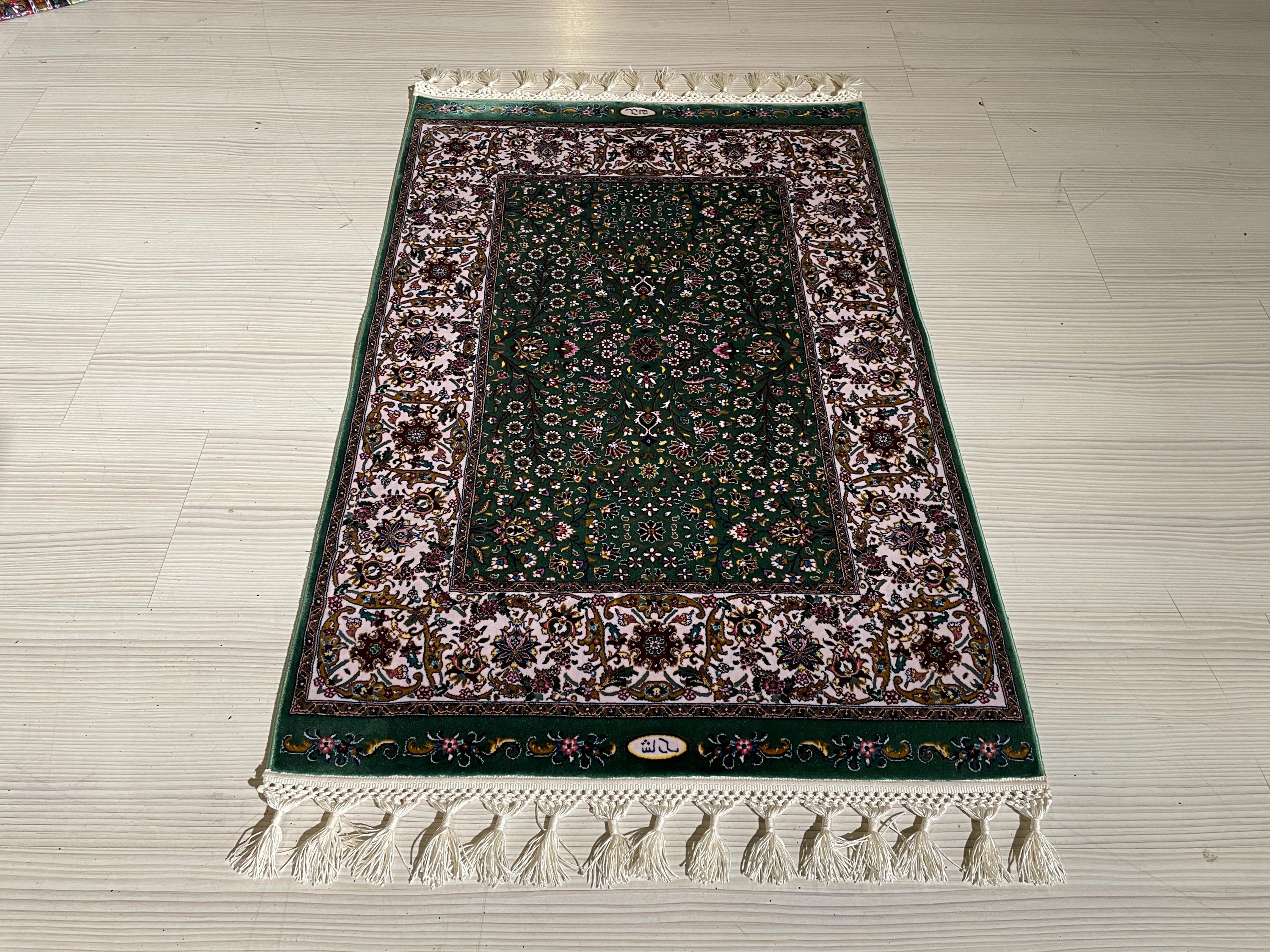 2x3 ft Green Turkish Floral Modal Silk Rug, Entryway Accent Area Rug