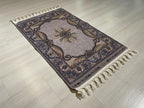 2x3 ft Gray Small Silk Rug, Green Medallion Design, Turkish Style Carpet