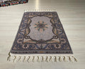 2x3 ft Gray Small Silk Rug, Green Medallion Design, Turkish Style Carpet