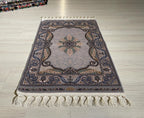 2x3 ft Gray Small Silk Rug, Green Medallion Design, Turkish Style Carpet
