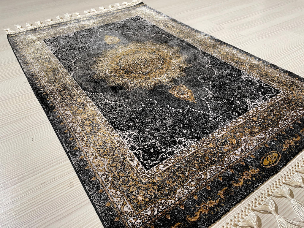 2x3 ft Black Vintage Modal Silk Rug, Turkish Medallion Accent Area Rug