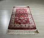 2x3 ft Red Small Silk Rug, Gold Floral Design Turkish Area Rug