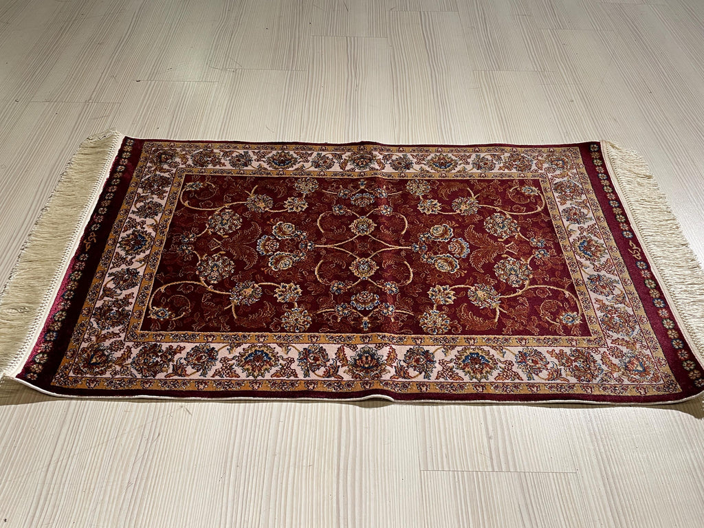 2x3 ft Red Small Silk Rug, Gold Floral Design Turkish Area Rug