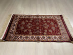 2x3 ft Red Small Silk Rug, Gold Floral Design Turkish Area Rug