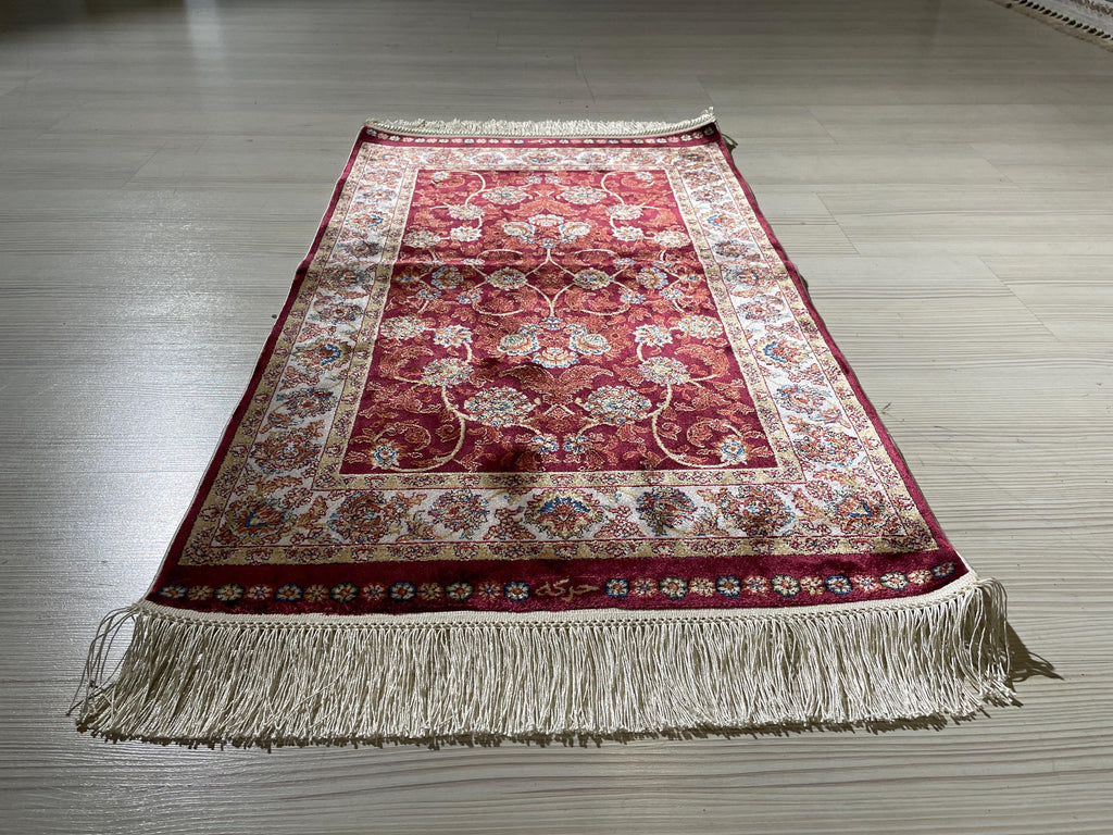 2x3 ft Red Small Silk Rug, Gold Floral Design Turkish Area Rug