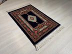 2x3 ft Navy Floral Silk Rug, Turkish Accent Carpet, Rose Garden Medallion Rug