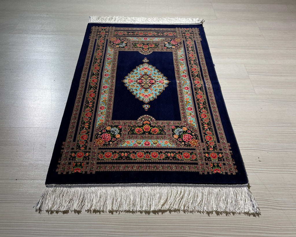 2x3 ft Navy Floral Silk Rug, Turkish Accent Carpet, Rose Garden Medallion Rug