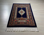 2x3 ft Navy Floral Silk Rug, Turkish Accent Carpet, Rose Garden Medallion Rug