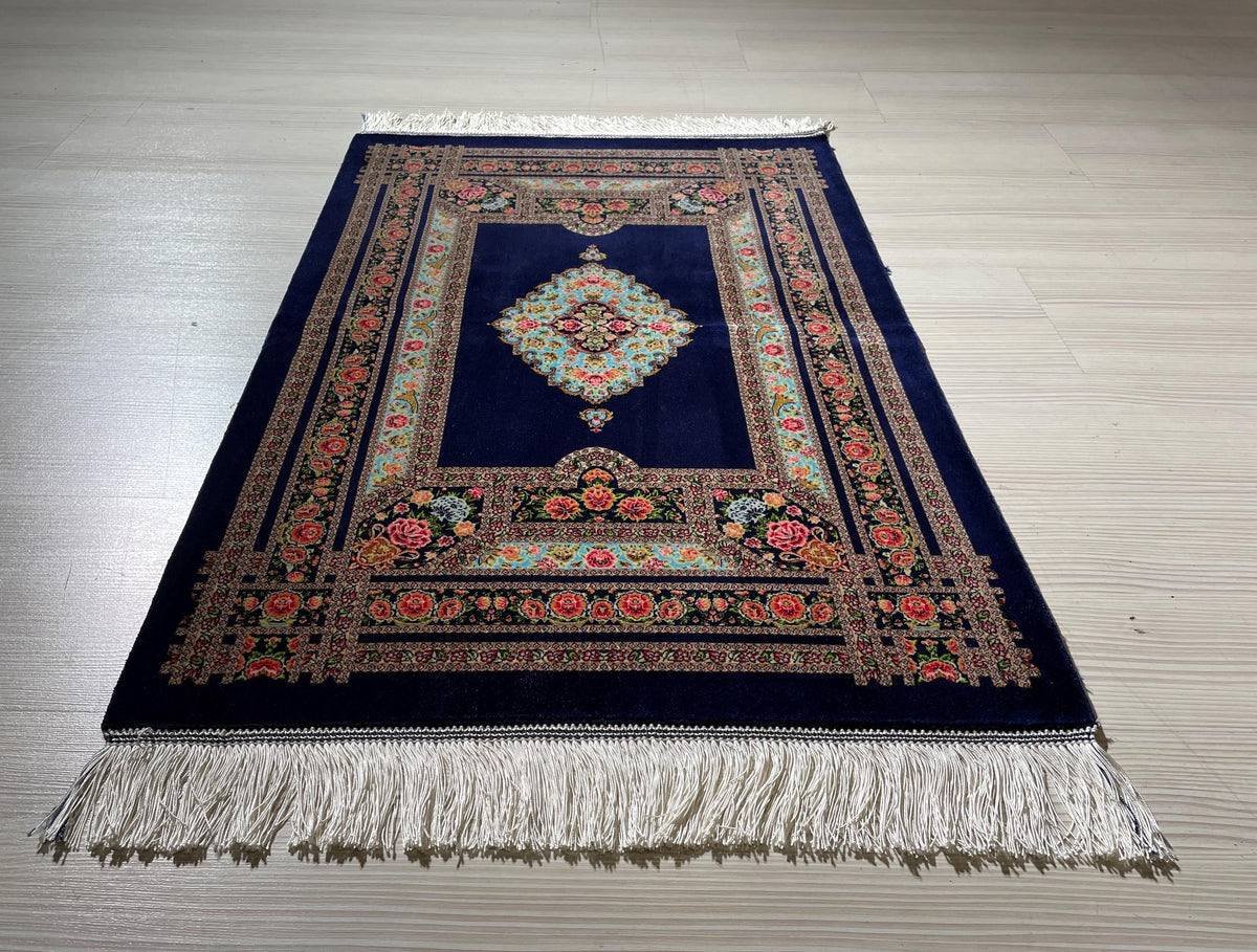 2x3 ft Navy Floral Silk Rug, Turkish Accent Carpet, Rose Garden Medallion Rug