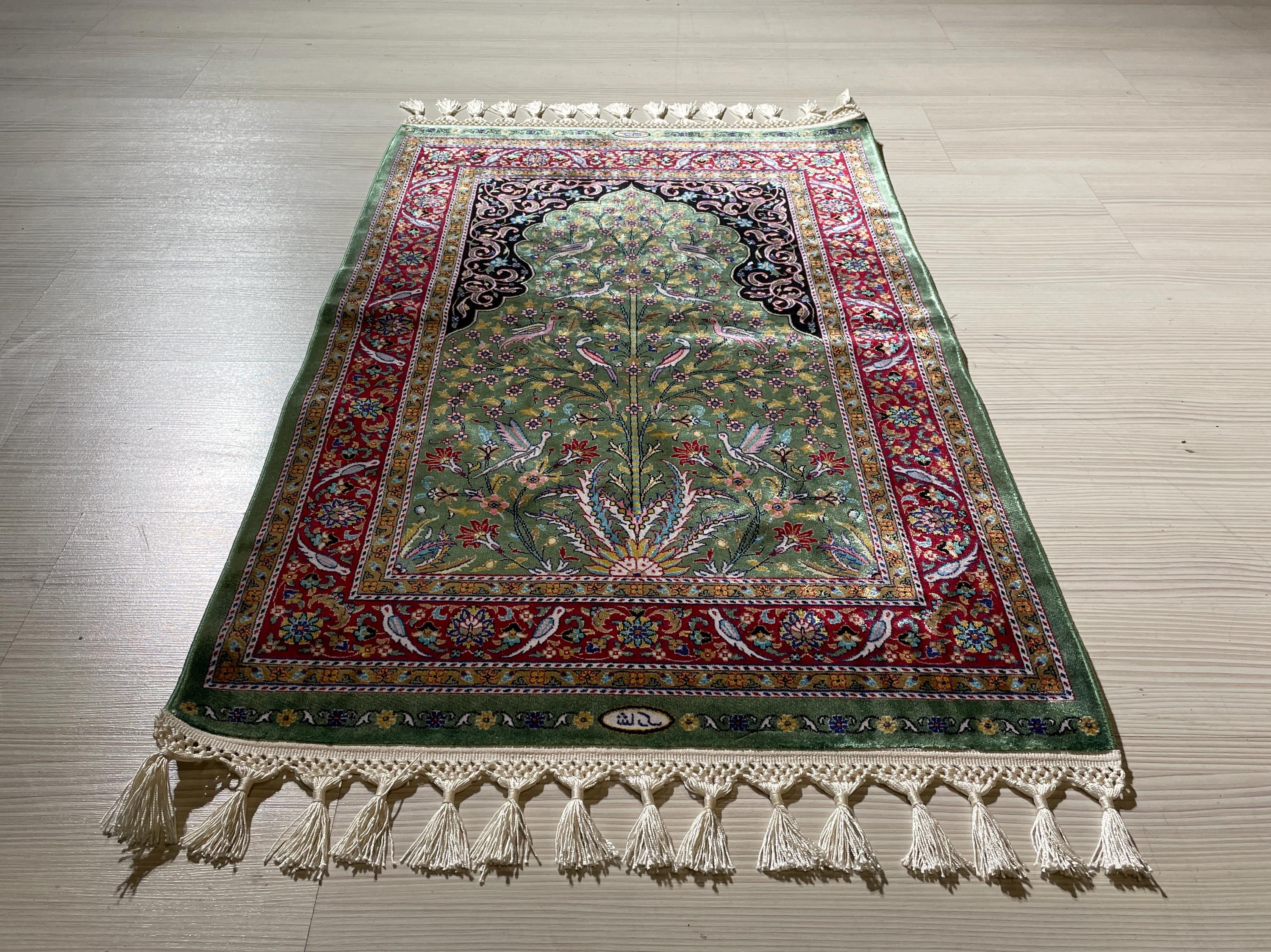 3x4 ft Green Red Runner Silk Rug, Brid And Floral Patternd, Modern Hallway Rug