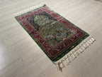 3x4 ft Green Red Runner Silk Rug, Brid And Floral Patternd, Modern Hallway Rug