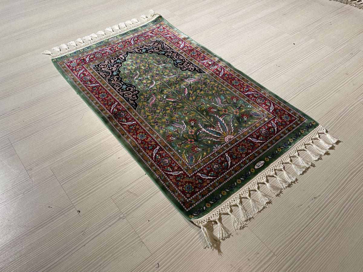3x4 ft Green Red Runner Silk Rug, Brid And Floral Patternd, Modern Hallway Rug