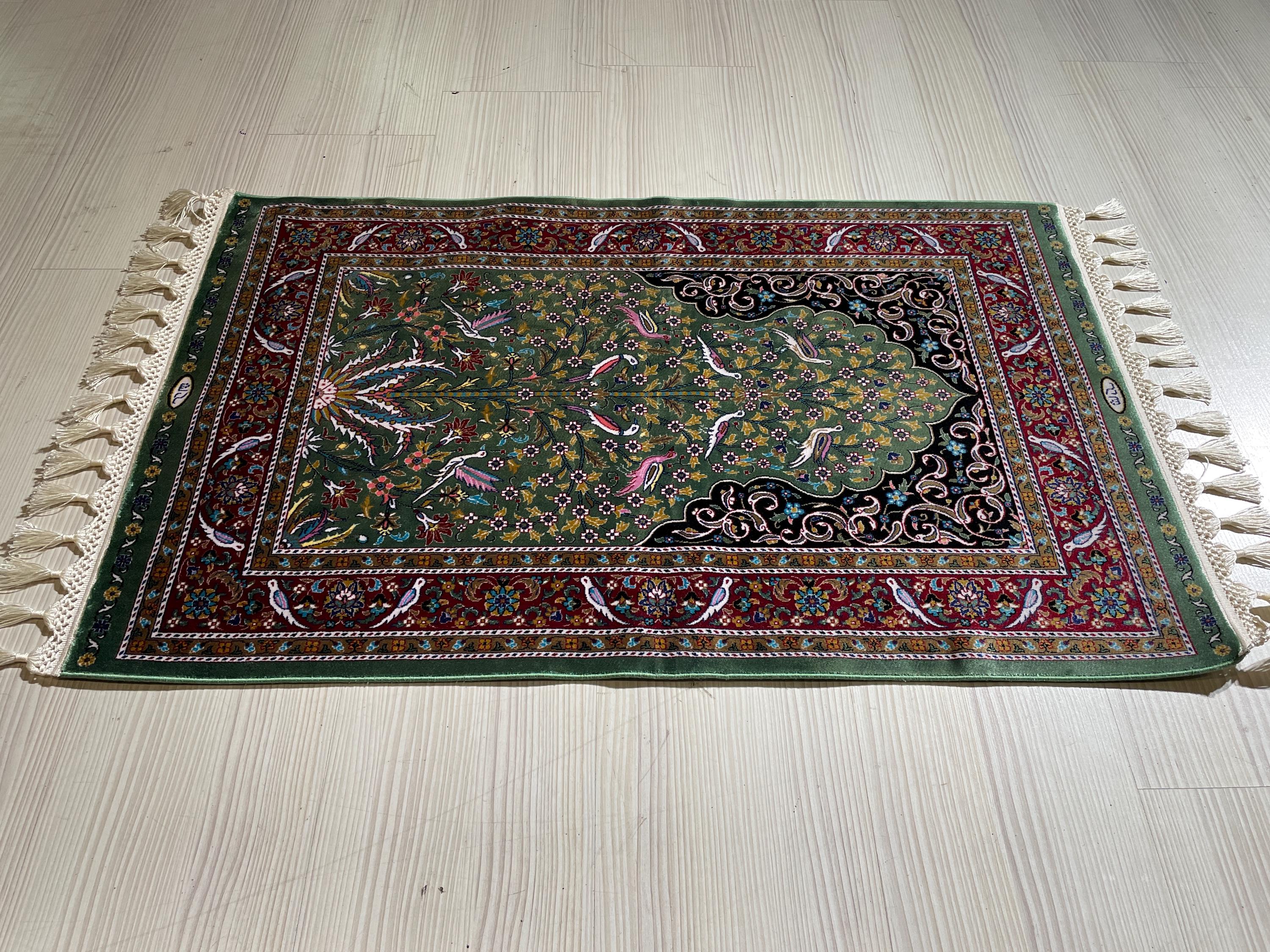 3x4 ft Green Red Runner Silk Rug, Brid And Floral Patternd, Modern Hallway Rug