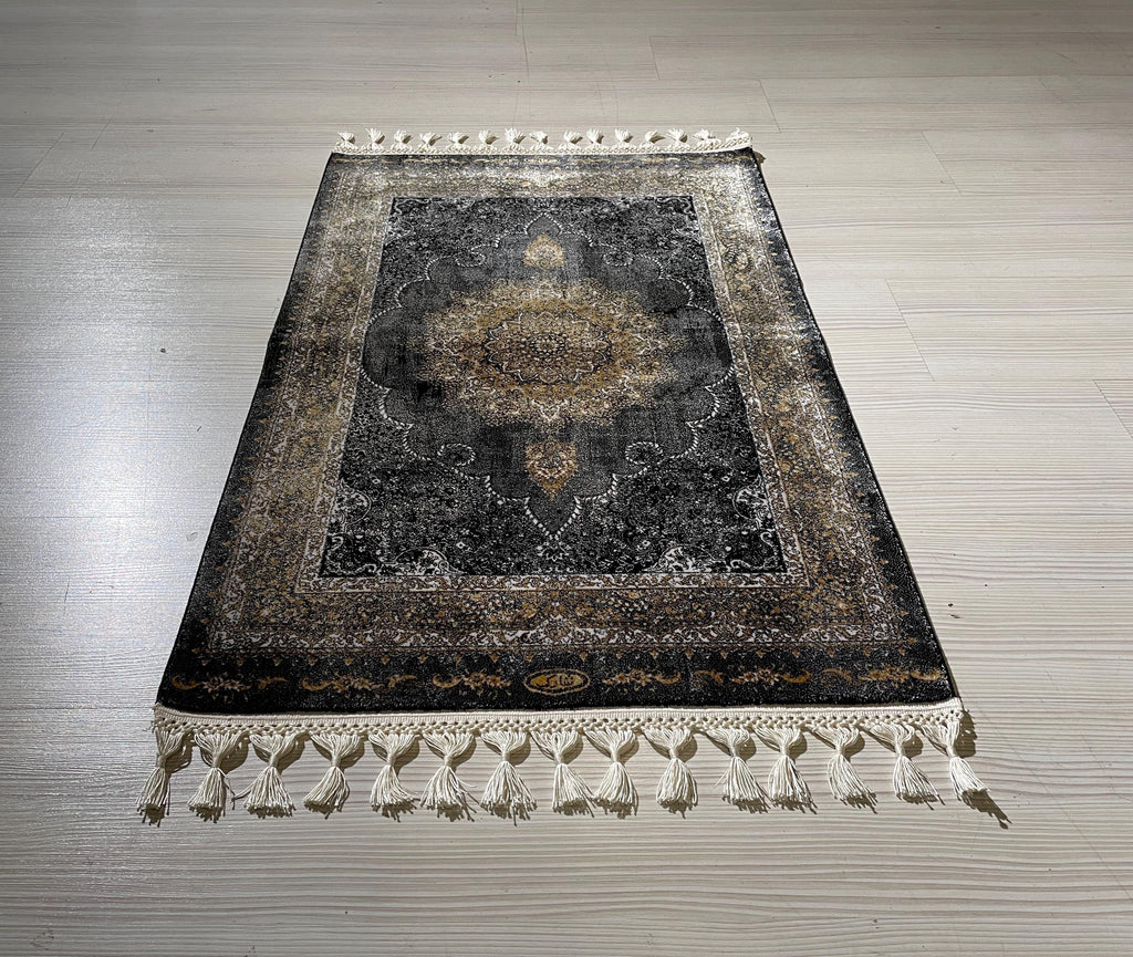 2x3 ft Black Vintage Modal Silk Rug, Turkish Medallion Accent Area Rug