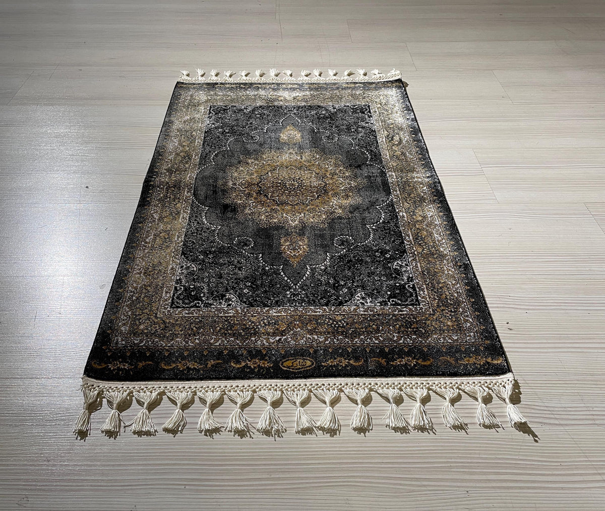 2x3 ft Black Vintage Modal Silk Rug, Turkish Medallion Accent Area Rug