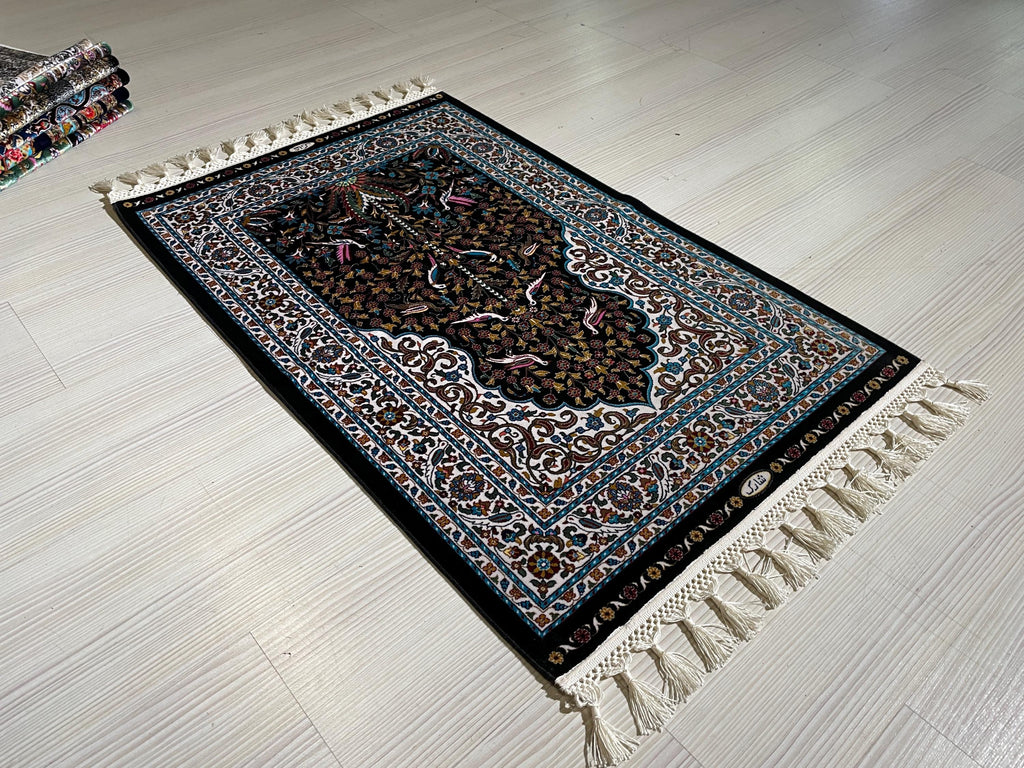 2x3 ft Black Silk Small Rug, Turkish-Style Rug with Flower and Bird Motifs