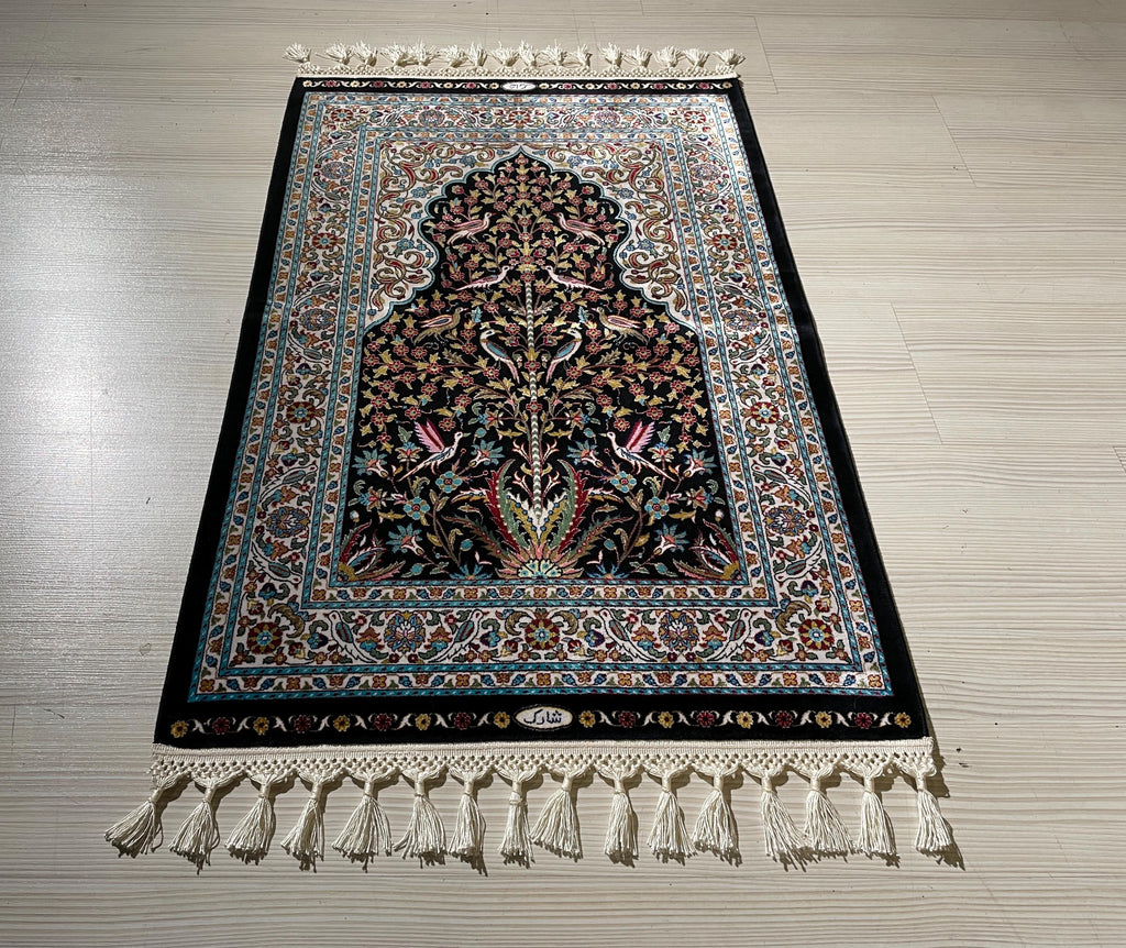 2x3 ft Black Silk Small Rug, Turkish-Style Rug with Flower and Bird Motifs