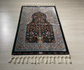 2x3 ft Black Silk Small Rug, Turkish-Style Rug with Flower and Bird Motifs