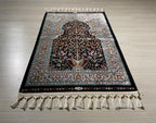 2x3 ft Black Silk Small Rug, Turkish-Style Rug with Flower and Bird Motifs
