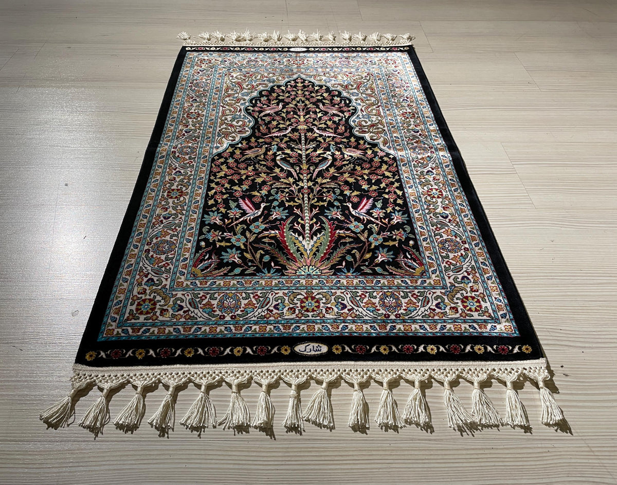 2x3 ft Black Silk Small Rug, Turkish-Style Rug with Flower and Bird Motifs