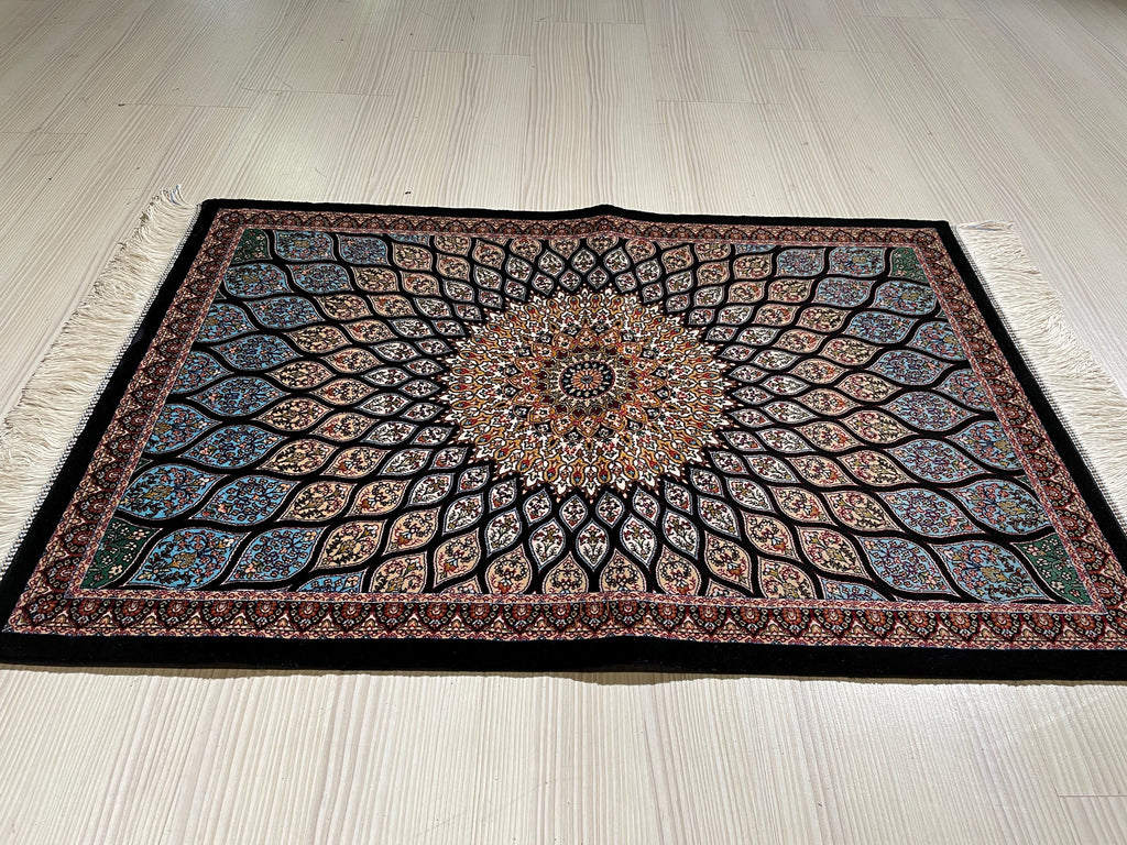2x3 ft Blue Small Silk Rug, Lotus Flower Patternd Turkish Style Carpet
