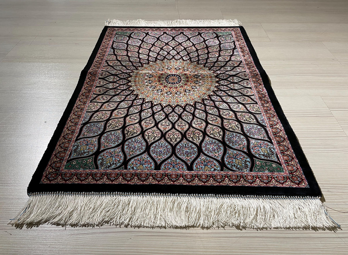 2x3 ft Blue Small Silk Rug, Lotus Flower Patternd Turkish Style Carpet