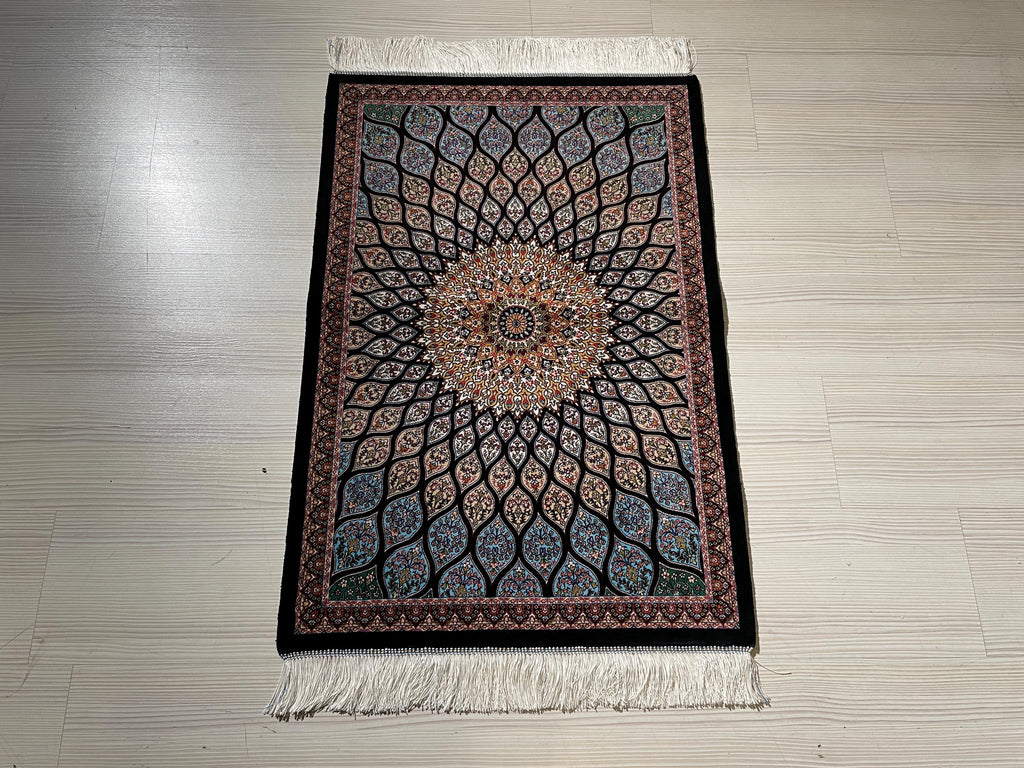2x3 ft Blue Small Silk Rug, Lotus Flower Patternd Turkish Style Carpet