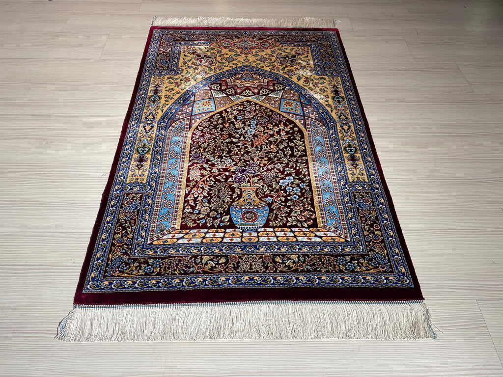 Bamboo Silk Prayer Rug, Floral Vase Rug, Burgundy Accent Carpet