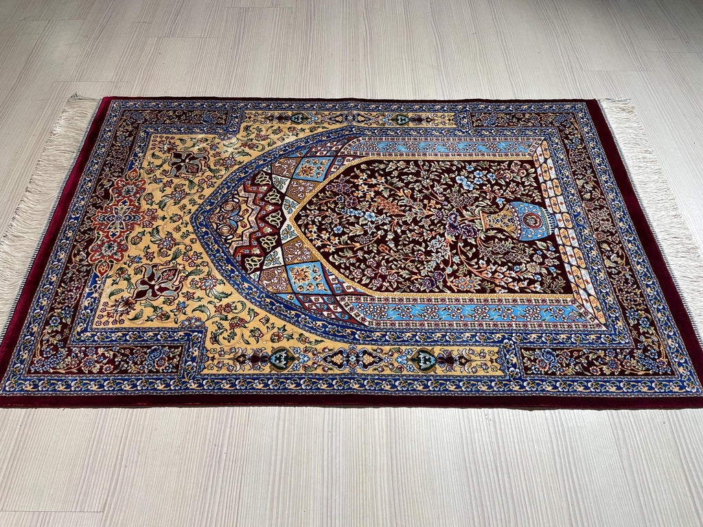Bamboo Silk Prayer Rug, Floral Vase Rug, Burgundy Accent Carpet