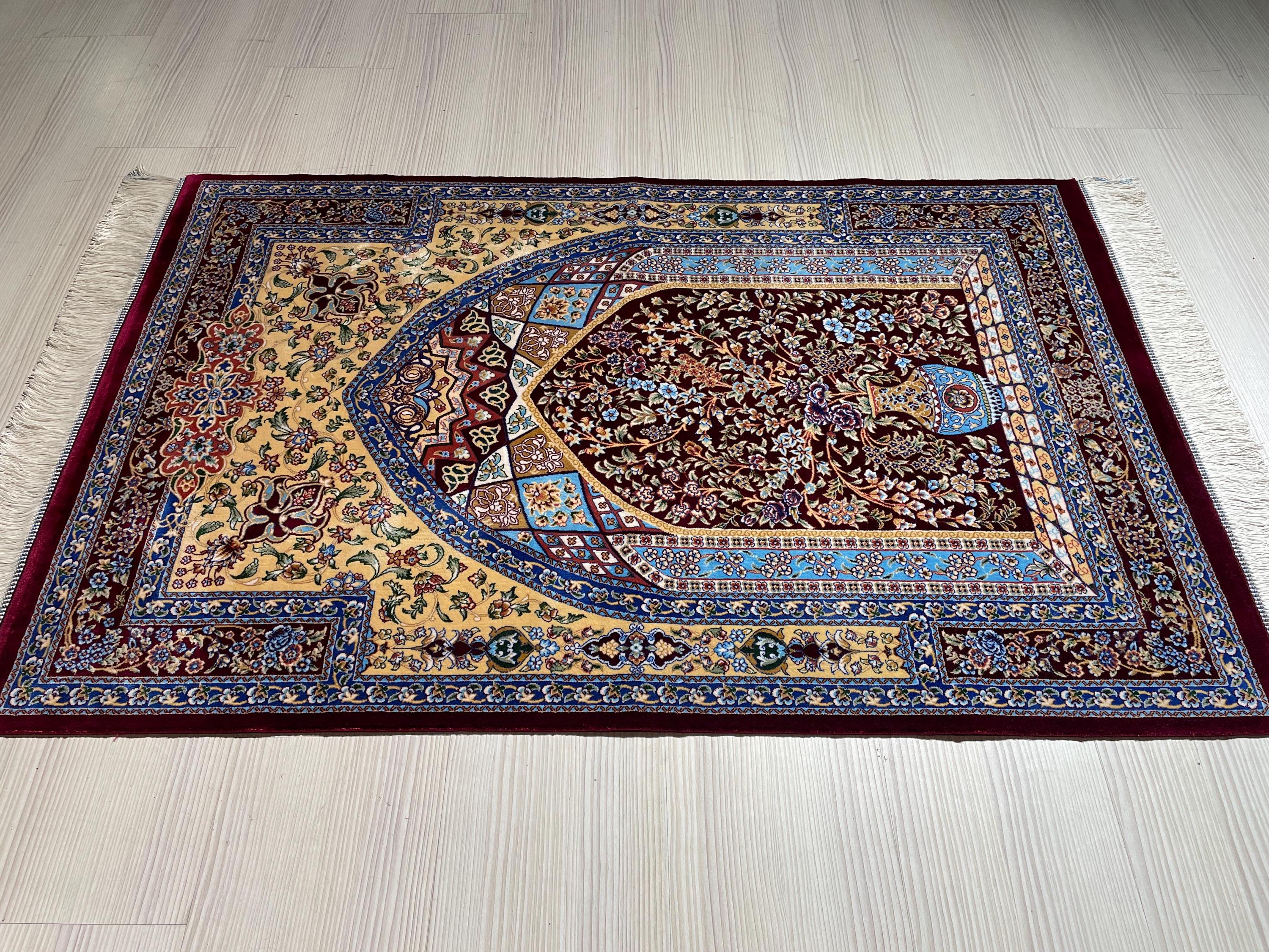Bamboo Silk Prayer Rug, Floral Vase Rug, Burgundy Accent Carpet