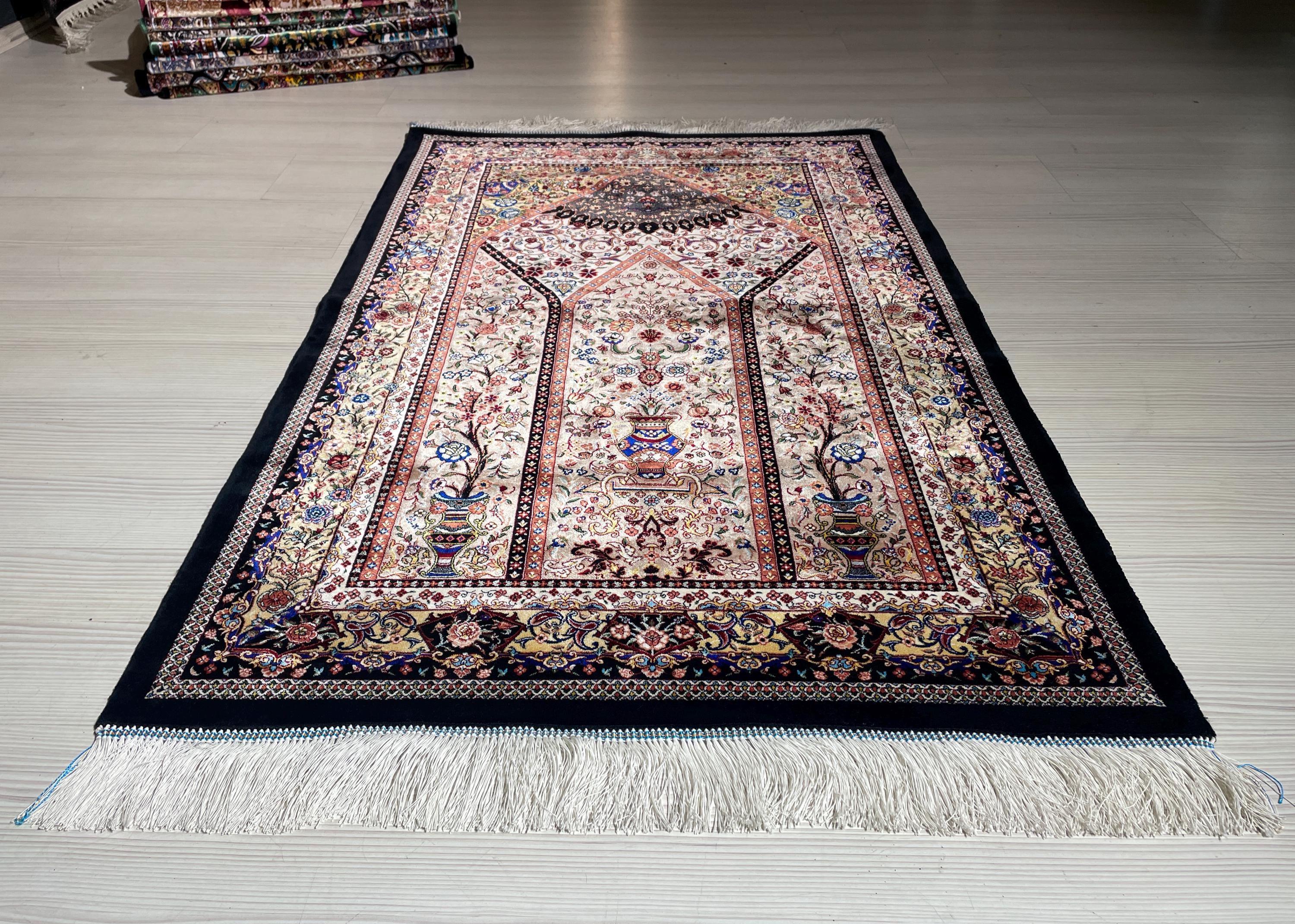 Modal Silk Prayer Rug, Floral Vase Turkish Accent Prayer Mat