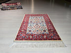 2x3 ft Beige Red Small Silk Rug, Turkish Silk Carpet, Floral Design