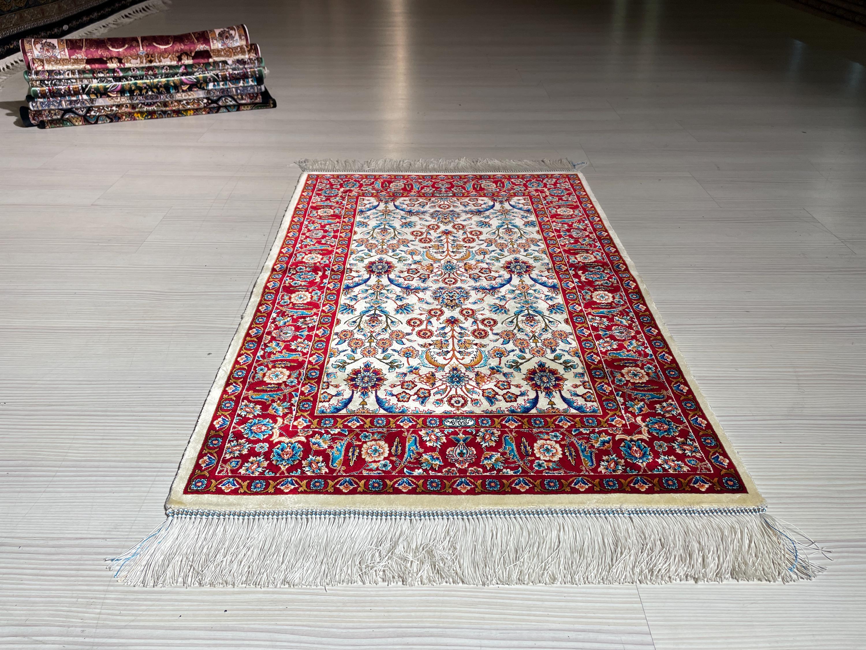 2x3 ft Beige Red Small Silk Rug, Turkish Silk Carpet, Floral Design