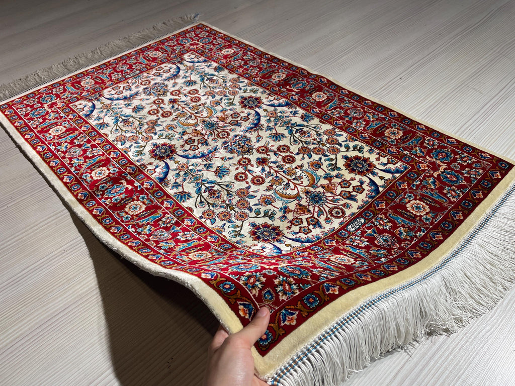 2x3 ft Beige Red Small Silk Rug, Turkish Silk Carpet, Floral Design