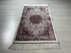 2x3 ft Ivory Small Silk Rug, Modern Medallion Design Oriental Accent Carpet