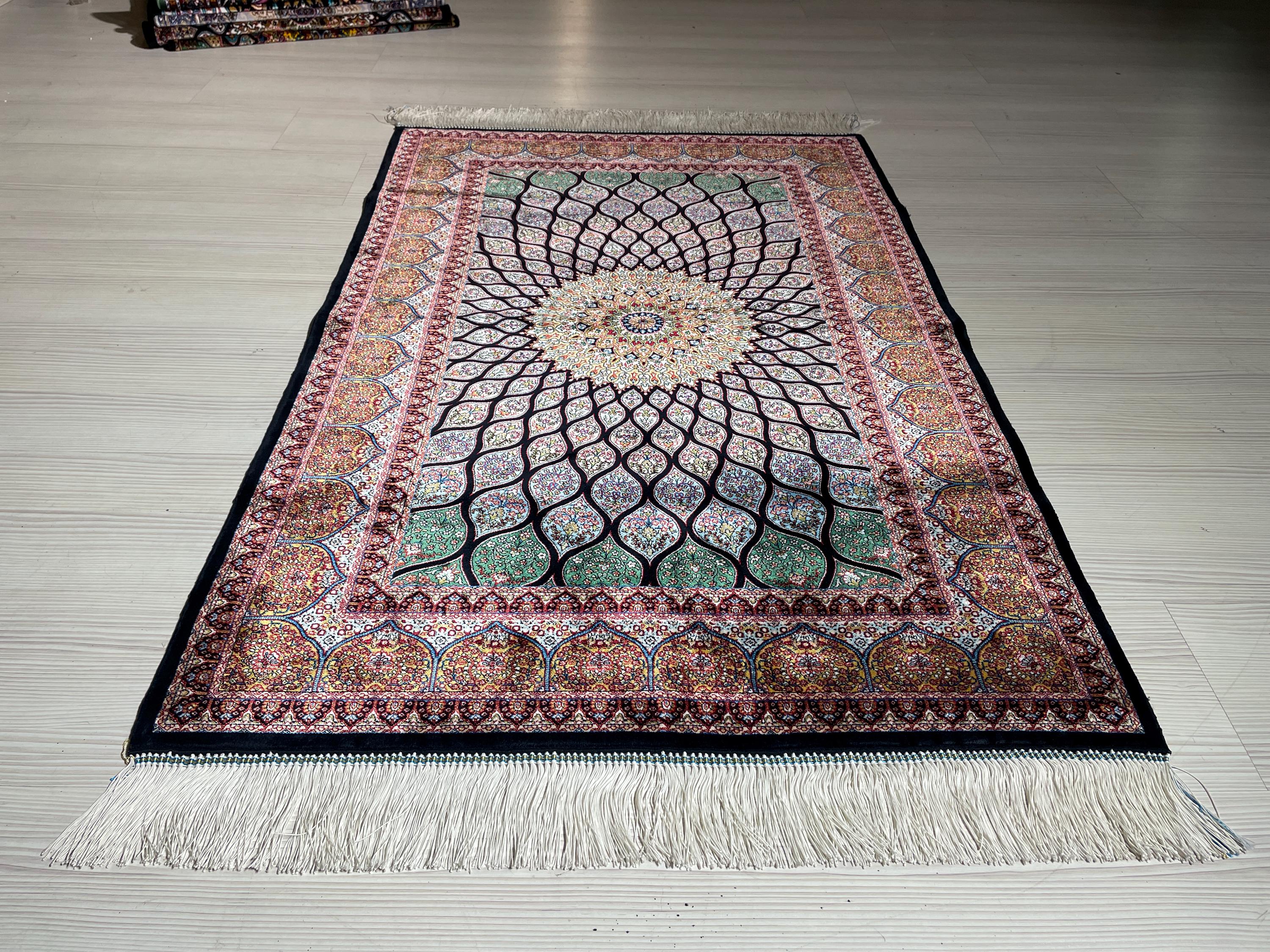 2x3 ft Colorful Small Silk Rug, Lotus Flowers Patternd, Turkish Style Carpet