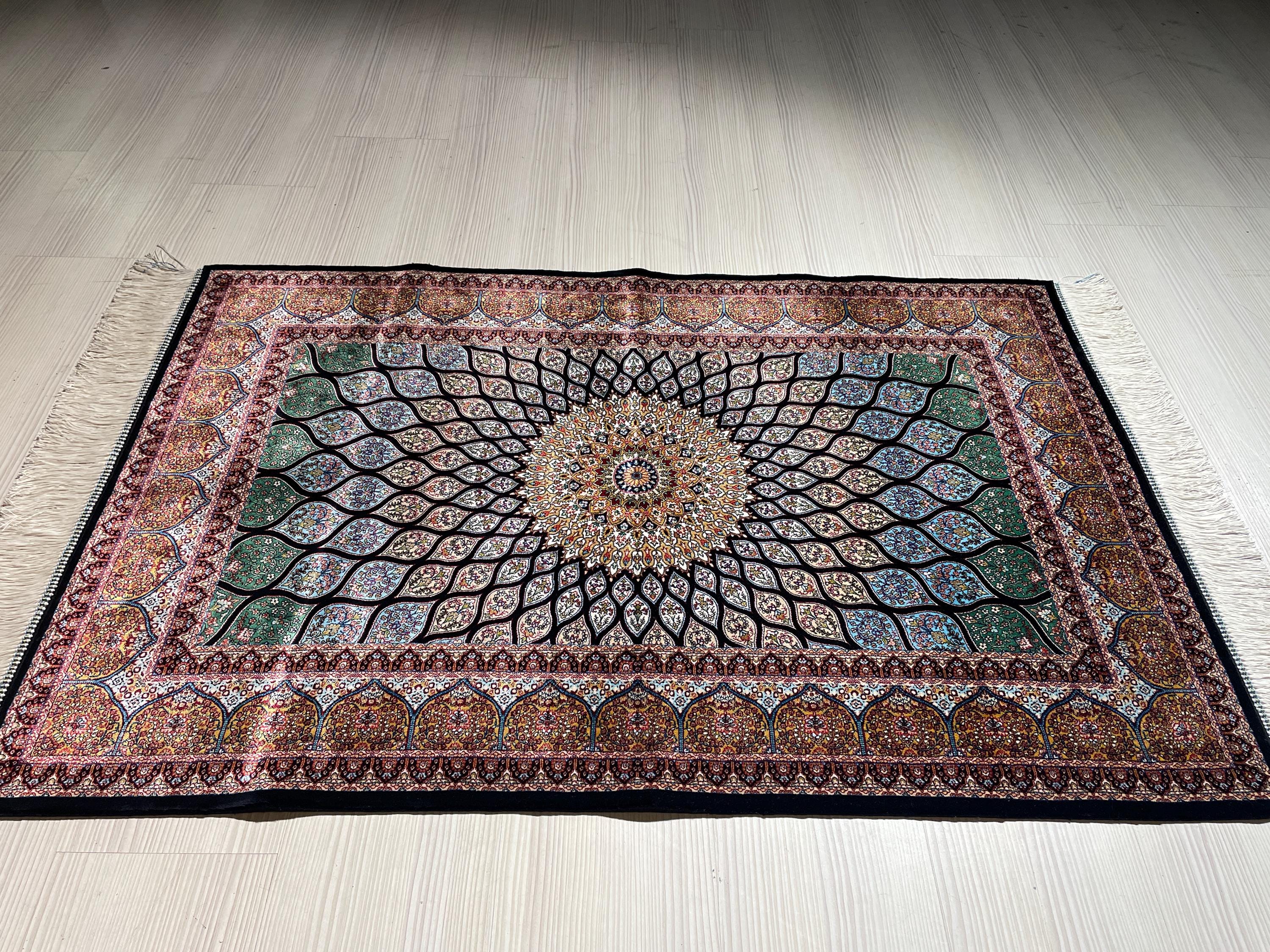2x3 ft Colorful Small Silk Rug, Lotus Flowers Patternd, Turkish Style Carpet