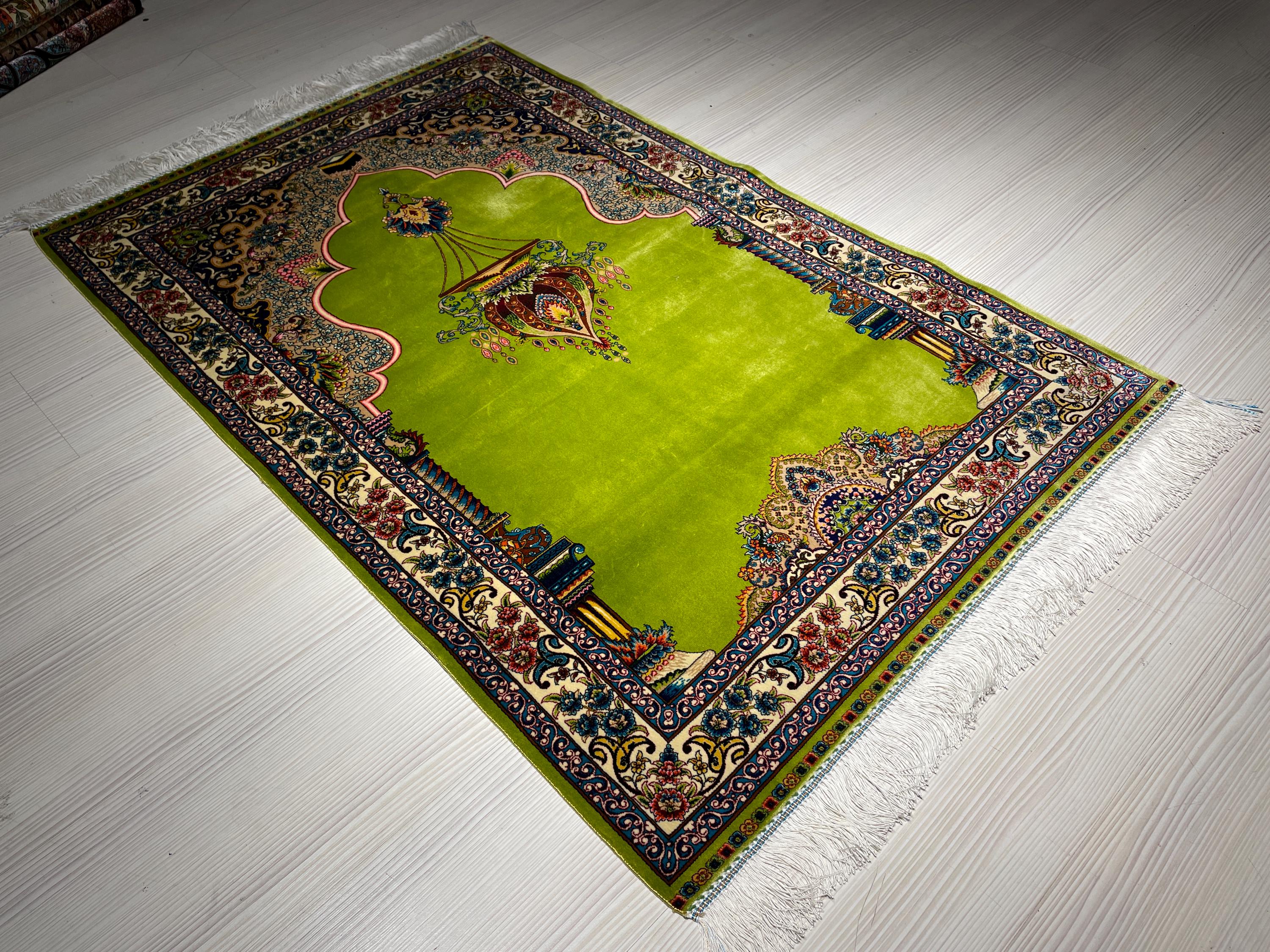 Green Islamic Prayer Rug, Modal Silk Prayer Mat, Floral Mihrab Design Muslim Gift