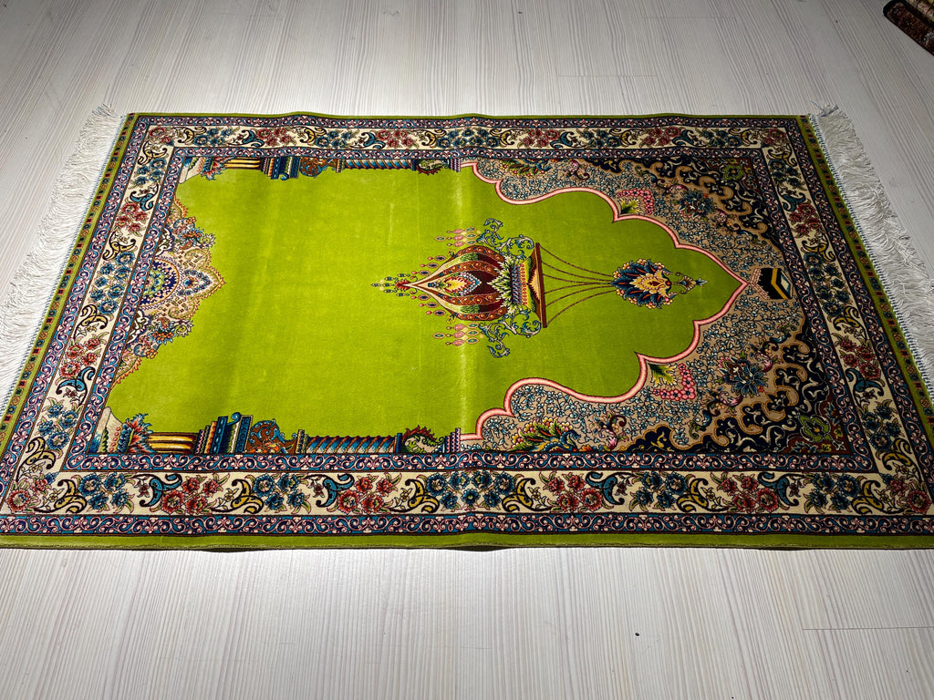 Green Islamic Prayer Rug, Modal Silk Prayer Mat, Floral Mihrab Design Muslim Gift