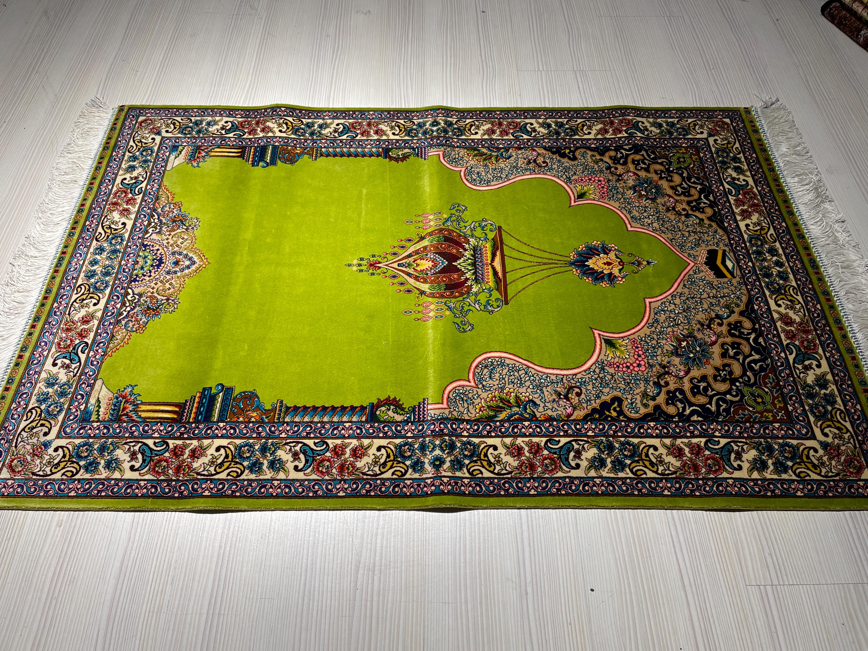 Green Islamic Prayer Rug, Modal Silk Prayer Mat, Floral Mihrab Design Muslim Gift