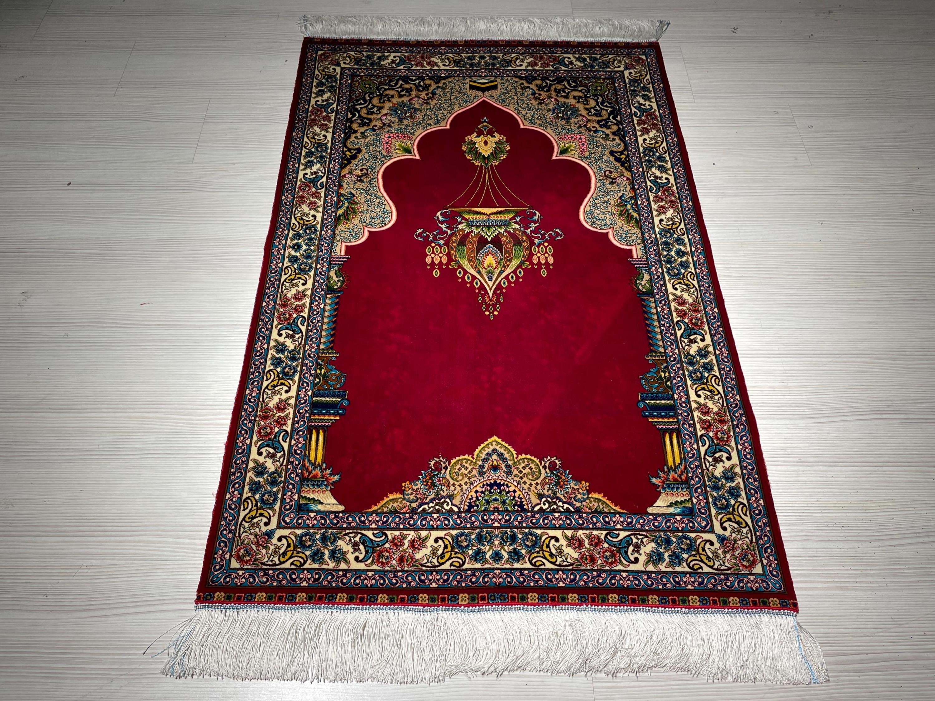 Burgundy Modal Silk Prayer Rug, Ottoman Mihrab Accent Rug for Home Decor