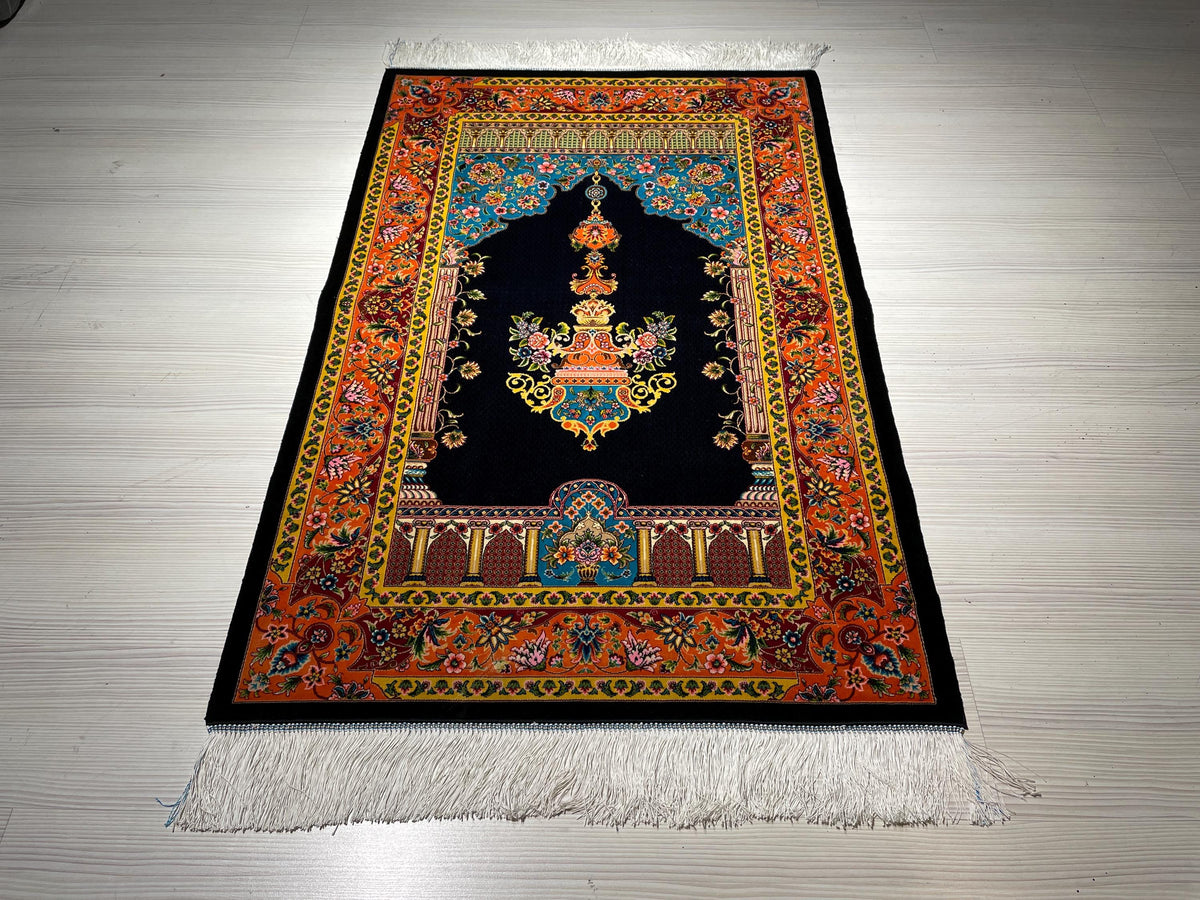 Navy Blue Floral Arch Prayer Rug Traditional Mosque Lantern Design Decorative Silk Mat