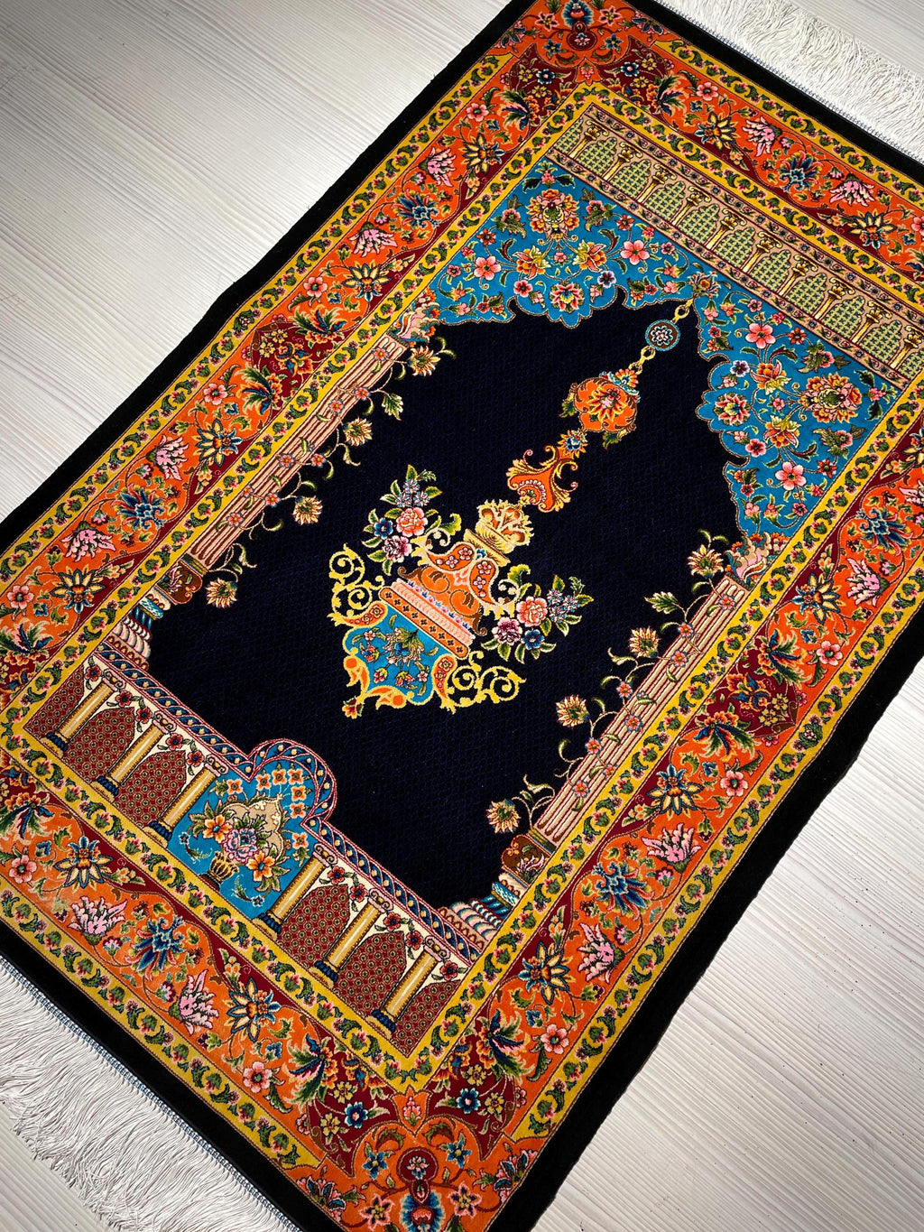 Navy Blue Floral Arch Prayer Rug Traditional Mosque Lantern Design Decorative Silk Mat