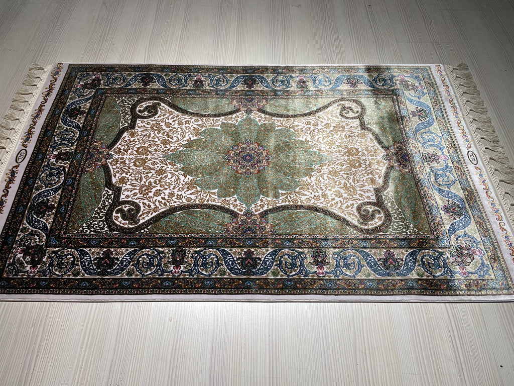3x4 ft Emerald Green Modal Silk Accent Rug, Floral Medallion Area Rug for Entryway Decor