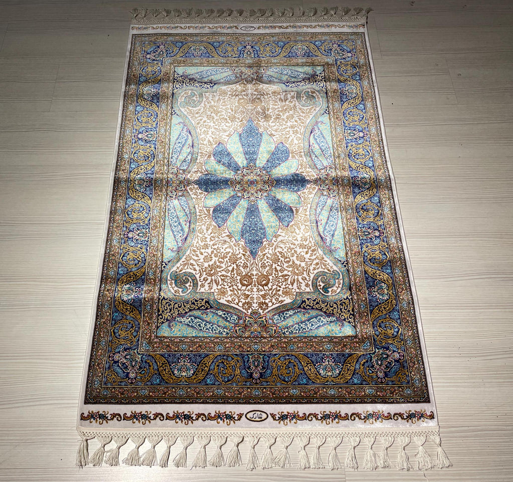 Blue Ivory Silk Runner Rug, Medallion Pattern Elegant Traditional Hallway Decor