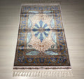 Blue Ivory Silk Runner Rug, Medallion Pattern Elegant Traditional Hallway Decor