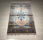Blue Ivory Silk Runner Rug, Medallion Pattern Elegant Traditional Hallway Decor