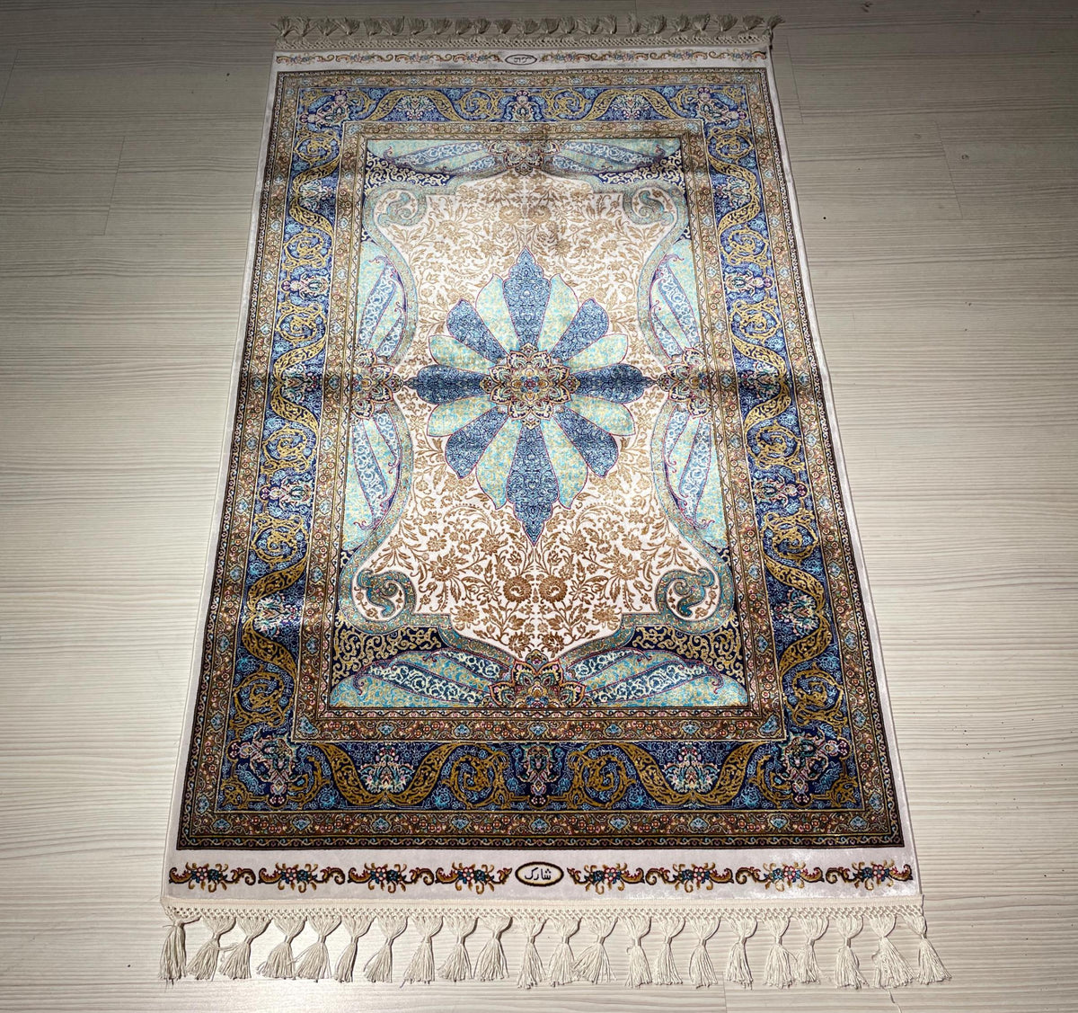 Blue Ivory Silk Runner Rug, Medallion Pattern Elegant Traditional Hallway Decor