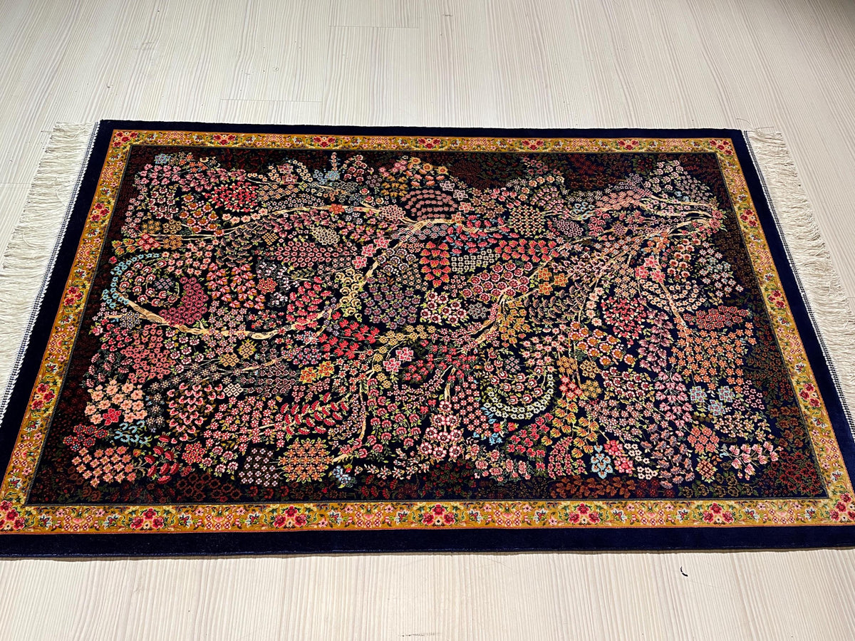 3x5 ft Blue Floral Silk Runner Rug, Turkish Small Rug, Oriental Silk Carpet